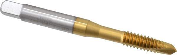 OSG - 1/4-20 UNC, 2 Flute, TiN Finish, High Speed Steel Spiral Point Tap - Plug Chamfer, Right Hand Thread, 2-1/2" OAL, 1" Thread Length, 0.255" Shank Diam, Series 105 - Exact Industrial Supply