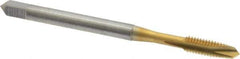 OSG - #6-40 UNF, 2 Flute, TiN Finish, High Speed Steel Spiral Point Tap - Plug Chamfer, Right Hand Thread, 2" OAL, 11/16" Thread Length, 0.141" Shank Diam, 2B Class of Fit, Series 105 - Exact Industrial Supply