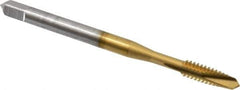 OSG - #6-32 UNC, 2 Flute, TiN Finish, High Speed Steel Spiral Point Tap - Plug Chamfer, Right Hand Thread, 2" OAL, 11/16" Thread Length, 0.141" Shank Diam, 3B Class of Fit, Series 105 - Exact Industrial Supply