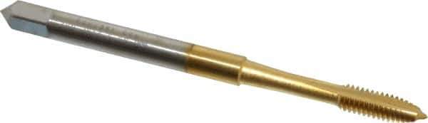 OSG - #5-44 UNF, 2 Flute, TiN Finish, High Speed Steel Spiral Point Tap - Plug Chamfer, Right Hand Thread, 1-15/16" OAL, 5/8" Thread Length, 0.141" Shank Diam, 2B Class of Fit, Series 105 - Exact Industrial Supply