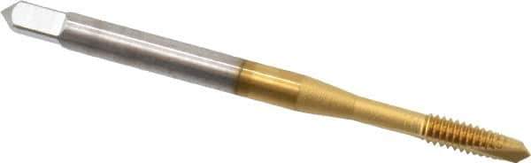 OSG - #5-40 UNC, 2 Flute, TiN Finish, High Speed Steel Spiral Point Tap - Plug Chamfer, Right Hand Thread, 1-15/16" OAL, 5/8" Thread Length, 0.141" Shank Diam, 2B Class of Fit, Series 105 - Exact Industrial Supply