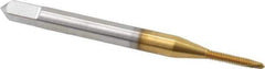 OSG - #0-80 UNF, 2 Flute, TiN Finish, High Speed Steel Spiral Point Tap - Plug Chamfer, Right Hand Thread, 1-5/8" OAL, 5/16" Thread Length, 0.141" Shank Diam, 2B Class of Fit, Series 105 - Exact Industrial Supply