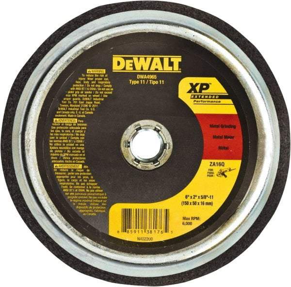 DeWALT - 6" Diam, 5/8" Hole Size, 2" Overall Thickness, 24 Grit, Type 11 Tool & Cutter Grinding Wheel - Coarse Grade, Zirconia Alumina, R Hardness, Resinoid Bond, 6,000 RPM - Industrial Tool & Supply