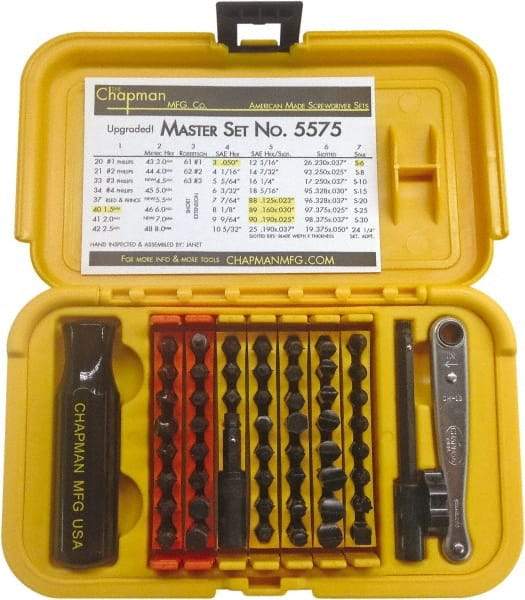 Chapman - 56 Piece, Screwdriver 1/4" Bit Ratchet Bit Set - #1 to #4 Phillips, 0.05 to 5/16" Hex, T6 to T30 Torx - Industrial Tool & Supply