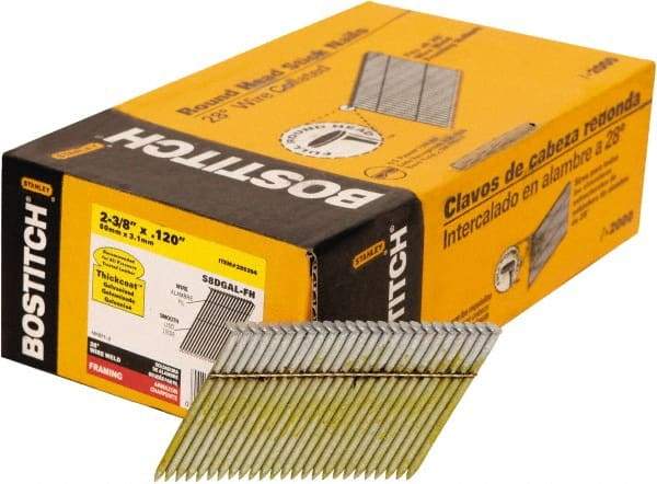 Stanley Bostitch - 11 Gauge 0.12" Shank Diam 2-3/8" Long Framing Nails for Power Nailers - Steel, Galvanized Finish, Smooth Shank, Angled Stick Wire Collation, Round Head, Diamond Point - Industrial Tool & Supply