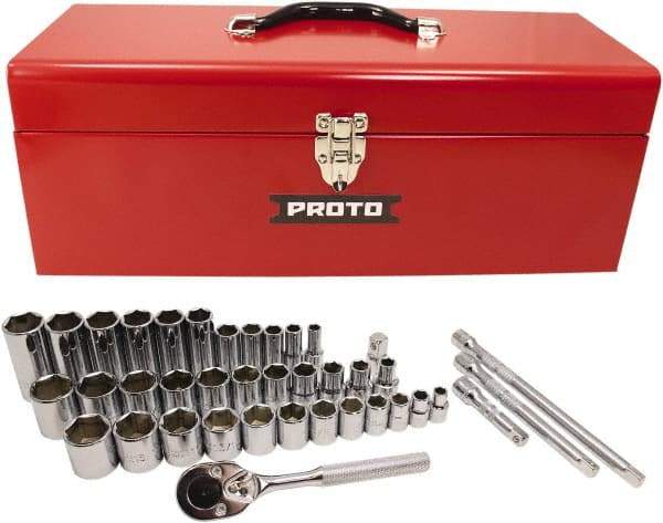 Proto - 39 Piece 3/8" & 1/2" Drive Chrome Finish Deep Well Socket Set - 6 Points, 5/16" to 1" Range, Inch Measurement Standard - Industrial Tool & Supply