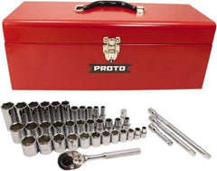 Proto - 39 Piece 3/8" & 1/2" Drive Chrome Finish Deep Well Socket Set - 6 Points, 5/16" to 1" Range, Inch Measurement Standard - Industrial Tool & Supply