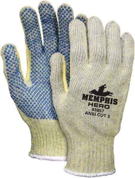 MCR Safety - Size L (9), ANSI Cut Lvl 5, PVC Coated Kevlar/Spectra/Stainless Steel Cut Resistant Gloves - Palm & Fingers Coated, Continuous Knit Cuff, Yellow/Blue, Paired - Industrial Tool & Supply