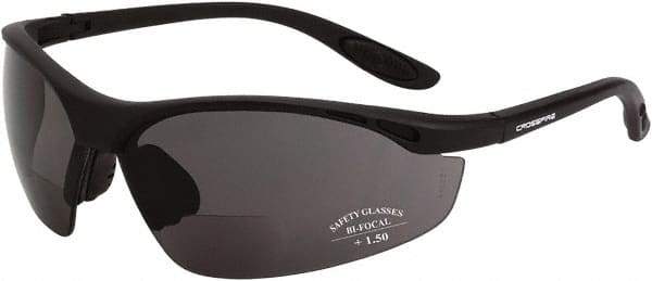 CrossFire - +2, Smoke Gray Lenses, Scratch Resistant, Framed Magnifying Safety Glasses - UV Protection, Black Frame - Industrial Tool & Supply