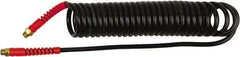 PRO-SOURCE - 1/4" ID, 1/4 Thread, 15' Long, Black Polyurethane Coiled & Self Storing Hose - 145 Max psi, Male Swivel x Male Swivel - Industrial Tool & Supply