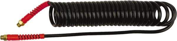 PRO-SOURCE - 1/4" ID, 1/4 Thread, 5' Long, Black Polyurethane Coiled & Self Storing Hose - 145 Max psi, Male Swivel x Male Swivel - Industrial Tool & Supply