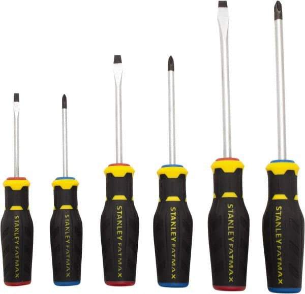 Stanley - 6 Piece Slotted & Phillips Screwdriver Set - Ergonomic & Bi-material Handle, Blade Sizes: Length 3 to 6, Width 3/16, 1/4 & 5/16, Bit Sizes: Philips #1 to #3 - Industrial Tool & Supply