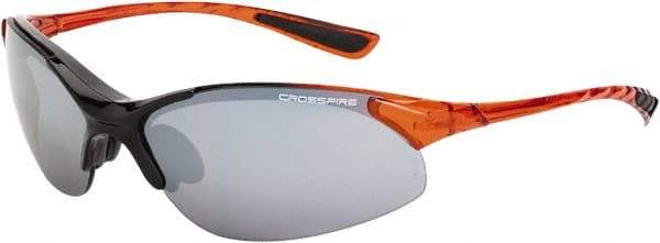 CrossFire - Silver Mirror Lenses, Framed Safety Glasses - Scratch Resistant, Black/Orange Frame, Size Universal, Wrap Around - Industrial Tool & Supply