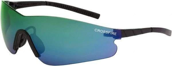CrossFire - Emerald Mirror Lenses, Framed Safety Glasses - Scratch Resistant, Black Frame, Size Universal, Wrap Around - Industrial Tool & Supply
