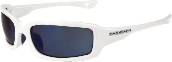 CrossFire - Blue Mirror Lenses, Framed Safety Glasses - Scratch Resistant, White Frame, Size Universal, Wrap Around - Industrial Tool & Supply