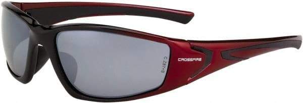 CrossFire - Silver Mirror Lenses, Framed Safety Glasses - Scratch Resistant, Black/Red Frame, Size Universal, Wrap Around - Industrial Tool & Supply