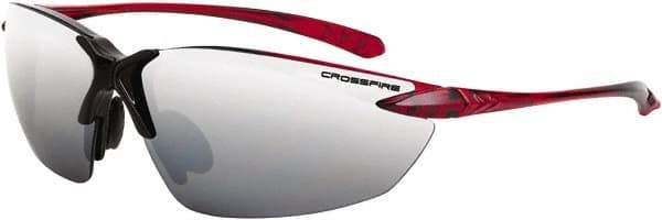 CrossFire - Silver Mirror Lenses, Framed Safety Glasses - Scratch Resistant, Black/Red Frame, Size Universal, Wrap Around - Industrial Tool & Supply