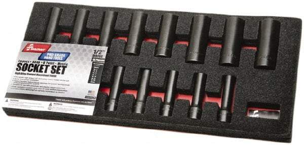 Ability One - 15 Piece 1/2" Drive Deep Well Impact Socket Set - 6 Points, 10mm to 24mm Range, Metric Measurement Standard - Industrial Tool & Supply