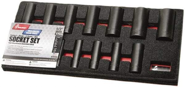 Ability One - 13 Piece 1/2" Drive Deep Well Impact Socket Set - 6 Points, 1/8" to 1-1/4" Range, Inch Measurement Standard - Industrial Tool & Supply