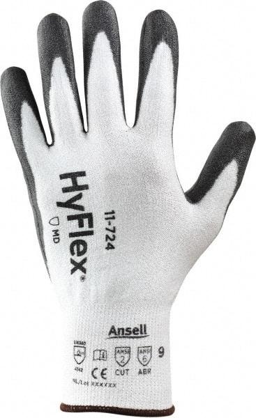 Ansell - Size M (8), ANSI Cut Lvl 2, Abrasion Lvl 6, Polyurethane Coated Cut Resistant Gloves - 9" Long, Palm & Fingertips Coated, Intercept Technology Yarn Lining, Knit Wrist, White/Gray, Paired - Industrial Tool & Supply