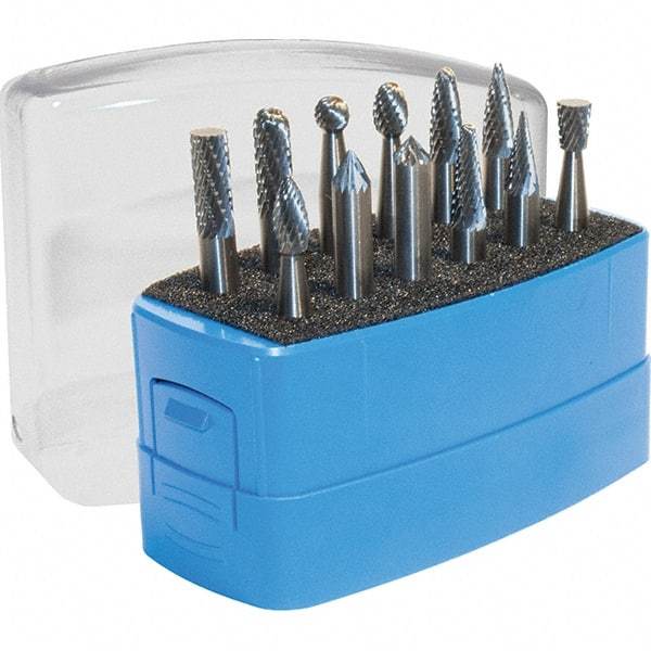 Made in USA - 12 Piece, 3mm Shank Burr Set - Solid Carbide, Multiple Head Shapes, 3° Included Angle - Industrial Tool & Supply