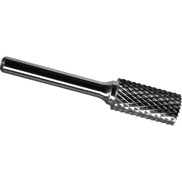 Made in USA - 5/16" Cut Diam, 1/4" Shank Diam, Cylinder with End Cut Head Diamond Cut Burr - Carbide, 3/4" LOC, 2-1/2" OAL - Industrial Tool & Supply