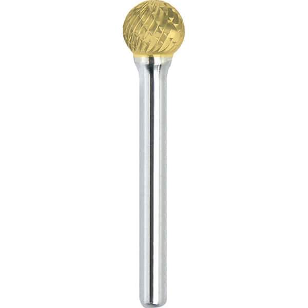 Made in USA - 1" Cut Diam, 1/4" Shank Diam, Ball Head Double Cut Burr - Carbide, 15/16" LOC, 2-3/4" OAL - Industrial Tool & Supply