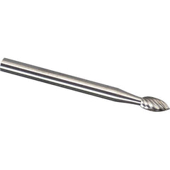 Made in USA - 1/8" Cut Diam, 1/8" Shank Diam, Flame Head Diamond Cut Burr - Carbide, 1/4" LOC, 1-1/2" OAL - Industrial Tool & Supply