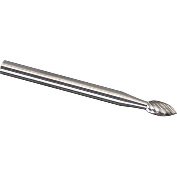 Made in USA - 1/8" Cut Diam, 1/8" Shank Diam, Flame Head Double Cut Burr - Carbide, Radius End, 1/4" LOC, 1-1/2" OAL - Industrial Tool & Supply