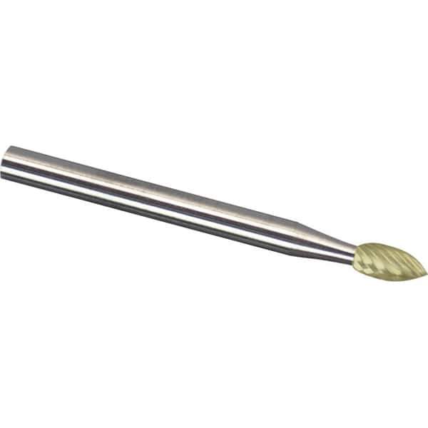 Made in USA - 1/4" Cut Diam, 1/4" Shank Diam, Flame Head Diamond Cut Burr - Carbide, 1/2" LOC, 2" OAL - Industrial Tool & Supply