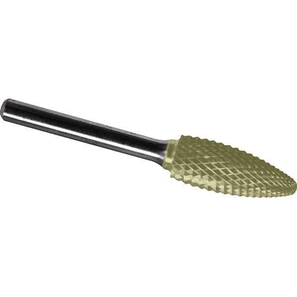 Made in USA - 5/8" Cut Diam, 1/4" Shank Diam, Flame Head Diamond Cut Burr - Carbide, 1-7/16" LOC, 3-3/16" OAL - Industrial Tool & Supply