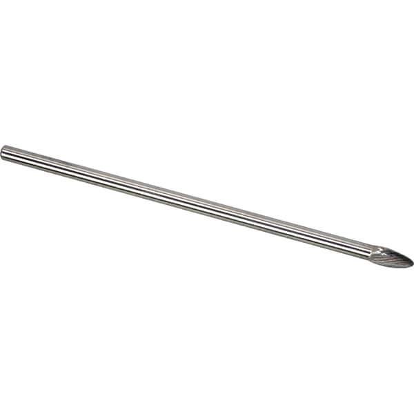 Made in USA - 1/4" Cut Diam, 1/4" Shank Diam, Flame Head Single Cut Burr - Carbide, 1/2" LOC, 6-3/4" OAL - Industrial Tool & Supply