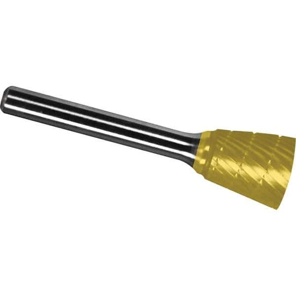 Made in USA - 3/4" Cut Diam, 1/4" Shank Diam, Inverted Cone Head Chipbreaker Cut Burr - Carbide, 5/8" LOC, 2-3/8" OAL - Industrial Tool & Supply
