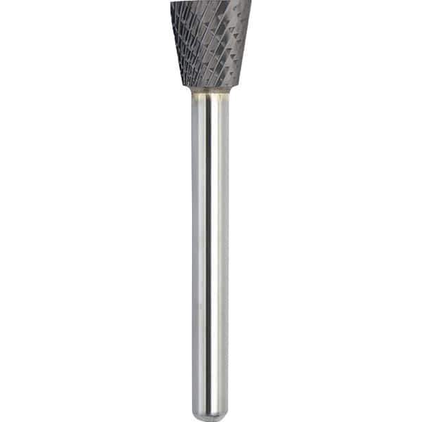 Made in USA - 19mm Cut Diam, 0.2362" Shank Diam, Inverted Cone Head Double Cut Burr - Carbide, 16mm LOC, 61mm OAL - Industrial Tool & Supply
