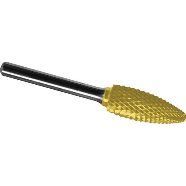 Made in USA - 1/2" Cut Diam, 1/4" Shank Diam, Flame Head Diamond Cut Burr - Carbide, 1-1/4" LOC, 3" OAL - Industrial Tool & Supply