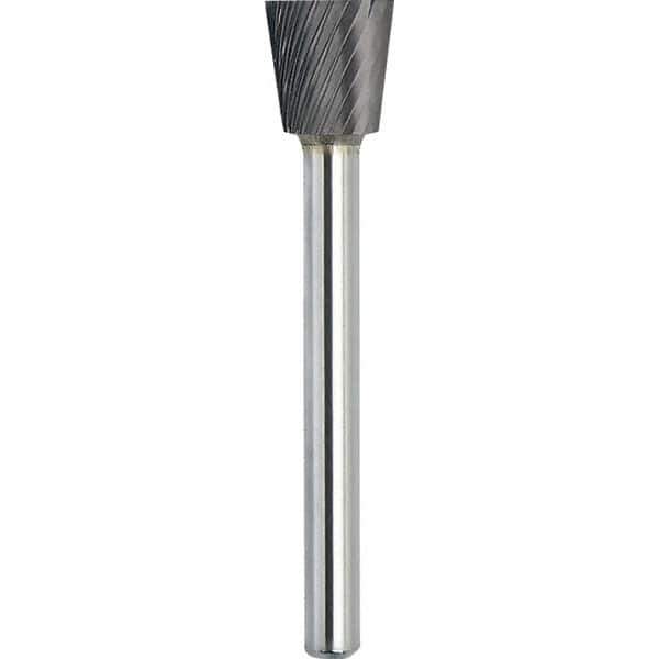 Made in USA - 3/8" Cut Diam, 1/4" Shank Diam, Inverted Cone Head Single Cut Burr - Carbide, 3/8" LOC, 2-1/8" OAL - Industrial Tool & Supply