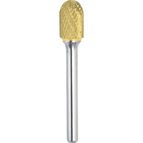 Made in USA - 1" Cut Diam, 3/8" Shank Diam, Cylinder with Radius Head Double Cut Burr - Carbide, 1" LOC, 2-3/4" OAL - Industrial Tool & Supply