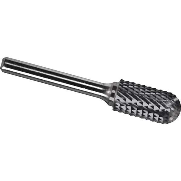 Made in USA - 3/8" Cut Diam, 1/4" Shank Diam, Cylinder with Radius Head Diamond Cut Burr - Carbide, 3/4" LOC, 2-1/2" OAL - Industrial Tool & Supply