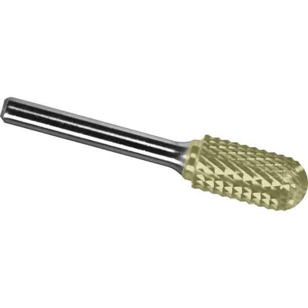 Made in USA - 3/8" Cut Diam, 1/4" Shank Diam, Cylinder with Radius Head Diamond Cut Burr - Carbide, 3/4" LOC, 2-1/2" OAL - Industrial Tool & Supply