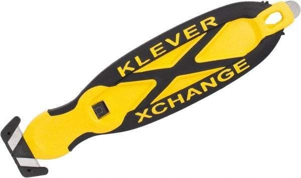 Klever Innovations - Recessed/Hook Blade Box Cutter - 5-3/4" Carbon Steel Blade, Yellow Plastic Handle, 2 Blades Included - Industrial Tool & Supply