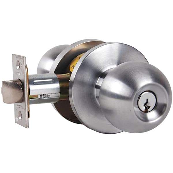 Falcon - 1-3/8 to 1-7/8" Door Thickness, Satin Chrome Storeroom Knob Lockset - 2-3/4" Back Set, Stainless Steel, 6 Pin C Keyway Cylinder - Industrial Tool & Supply