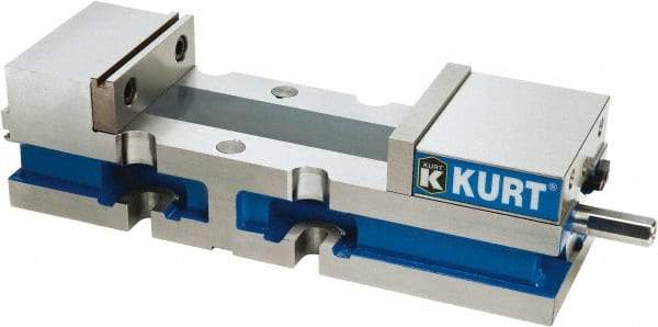 Kurt - 4" Jaw Width, 6" Jaw Opening Capacity, Horizontal Stationary Machine Vise - Manual Operation, 7,500 Lb Capacity, 1 Station, 14.16" Long x 3.4900" High x 1-15/64" Deep, 1.235" Jaw Height, Ductile Iron - Industrial Tool & Supply