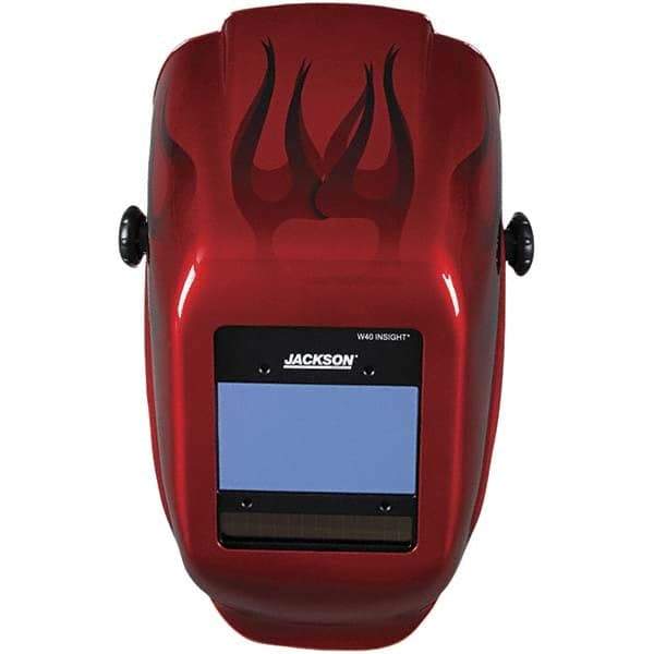 Jackson Safety - 2.36" Window Width x 3.93" Window Height, 9 to 13 Shade Auto-Darkening Lens, Fixed Front Welding Helmet - Red Flames Design, Thermoplastic Green Lens - Industrial Tool & Supply
