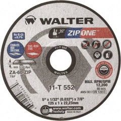 WALTER Surface Technologies - 5" Zirconia Alumina Cutoff Wheel - 1/32" Thick, 7/8" Arbor, 12,200 Max RPM, Use with Angle Grinders - Industrial Tool & Supply