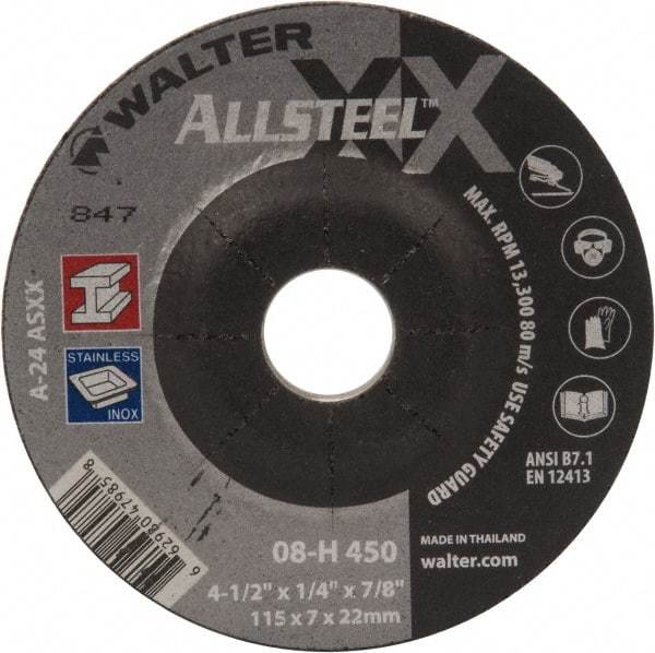 WALTER Surface Technologies - 24 Grit, 4-1/2" Wheel Diam, 1/4" Wheel Thickness, 7/8" Arbor Hole, Type 27 Depressed Center Wheel - Aluminum Oxide, 13,300 Max RPM - Industrial Tool & Supply