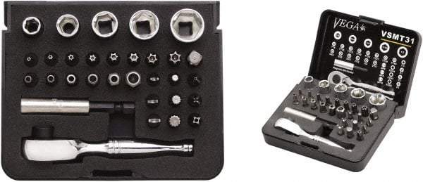 VEGA Industries - 31 Piece, 1/4" Drive Screwdriver Tamperproof Bit Set - Tamperproof #1, #2 & #3 Phillips, Tamperproof 9/64 to 5/16" Hex, Tamperproof T8 to T40 Torx - Industrial Tool & Supply