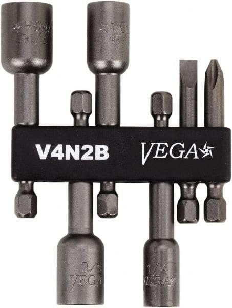 VEGA Industries - 6 Piece, Phillips, Slotted, Magnetic Nutsetters Handle, Screwdriver Bit Set - 1/4" Hex Drive - Industrial Tool & Supply