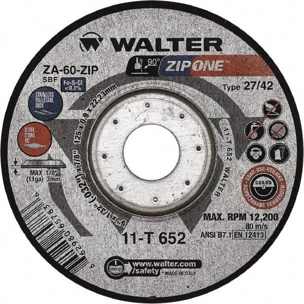 WALTER Surface Technologies - 60 Grit, 4-1/2" Wheel Diam, 1/32" Wheel Thickness, 7/8" Arbor Hole, Type 27 Depressed Center Wheel - Zirconia Alumina, Resinoid Bond, 13,300 Max RPM - Industrial Tool & Supply