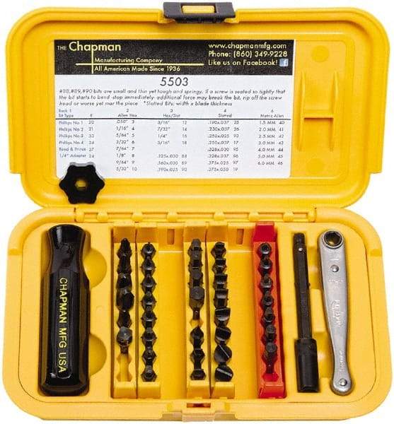Chapman - 40 Piece, 1/4" Drive Screwdriver Bit Set - #1 to #4 Phillips, 0.05 to 5/16" Hex - Industrial Tool & Supply