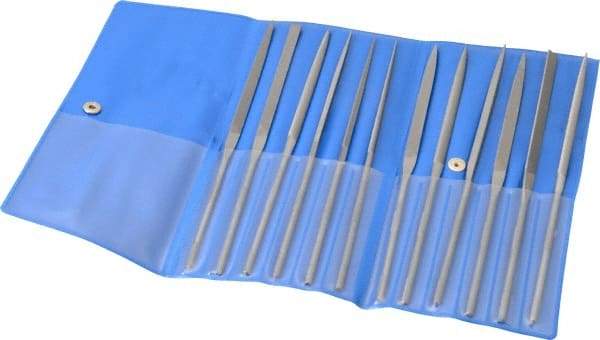 PFERD - 12 Piece Needle Pattern File Set - 6-1/4" Long, 0 Coarseness, Set Includes Flat, Hand, Crossing, Three Square, Square, Round, Half Round, Knife, Barrette, Flat with Round Edges, Crossing Oval - Industrial Tool & Supply